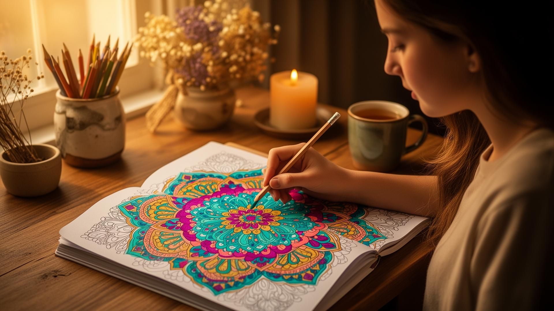 Young woman colouring a vibrant mandala in a Zen Colour Art book